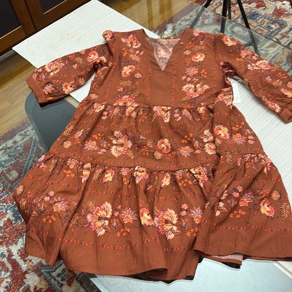 Fig and Flower by ANTHROPOLOGY Terracotta Floral Long Sleeve Dress - Picture 2 of 10